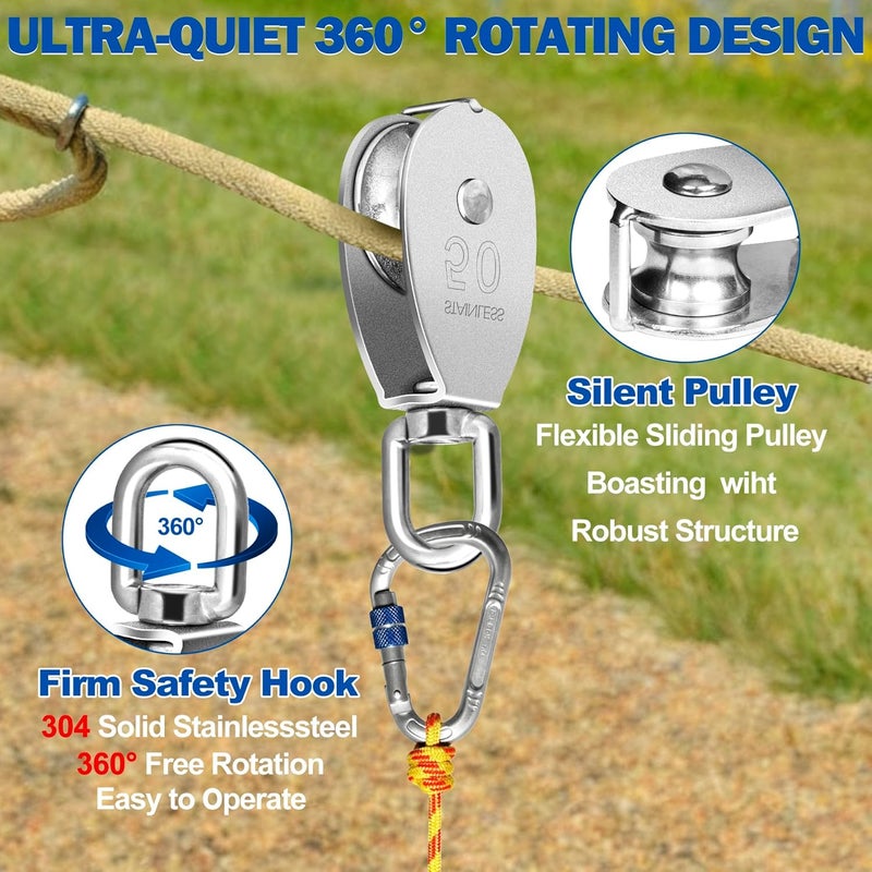 phepetroll Cable Pulley Wheel Stainless Steel, 4 Pack M50 Single Pulley Snatch Block, Heavy Duty Lifting Crane Swivel Hook, Bearing Inside Rope Pulleys for Lifting System Gym Equipment Clothesline, 800 lbs Load - Image 4